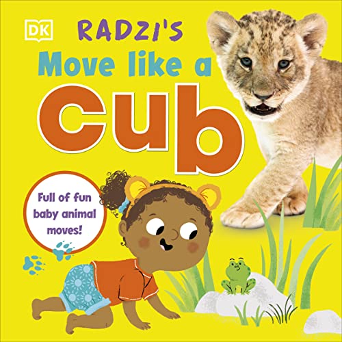 Book cover with a baby, lion cub, and bright yellow background.