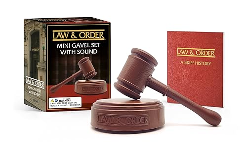 Miniature wooden gavel set with “Law & Order” branded box and book.