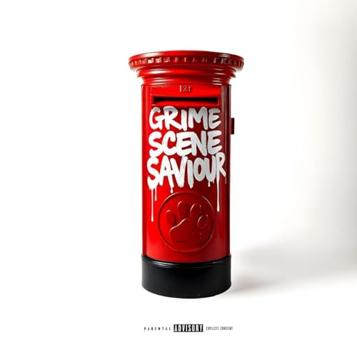 Red postbox with white graffiti text: "Grime Scene Saviour".
