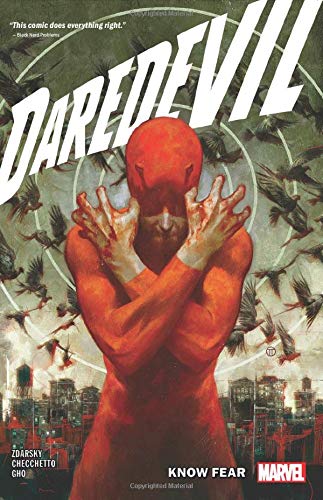 Daredevil in red suit embraces, with birds and a city backdrop.