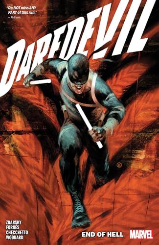 Daredevil in a black suit leaps forward holding batons against a fiery red background.