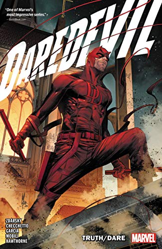 Daredevil in red suit, leaping forward against a gothic cityscape.