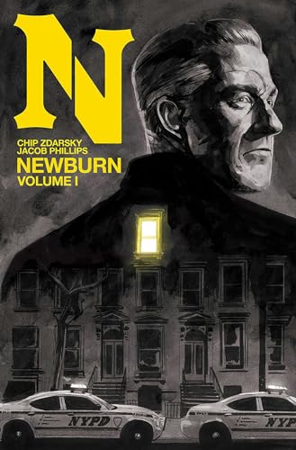Comic book cover: grayscale portrait over a city street with police cars.