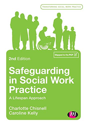 Green book cover with silhouettes of people, titled “Safeguarding in Social Work.”