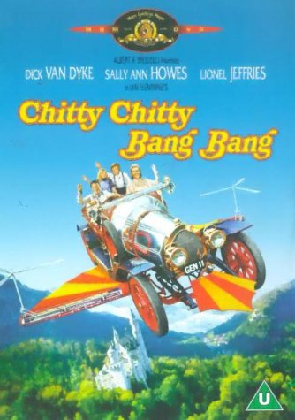 Chitty Chitty Bang Bang DVD cover featuring the flying car and cast.