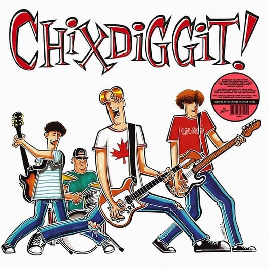 Cartoon of a four-person band playing instruments, album cover art.