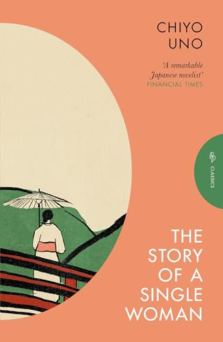 Book cover: woman with umbrella, large orange circle, green hills.