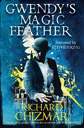 Book cover: shadowy figure with a feather, townscape, and glowing light.