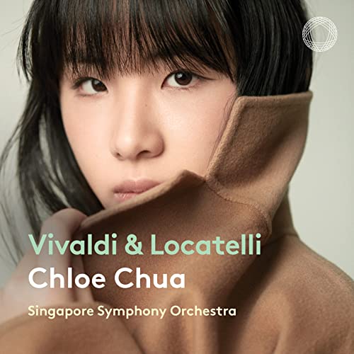 Close-up portrait of violinist Chloe Chua wearing a brown coat, with album text overlay.