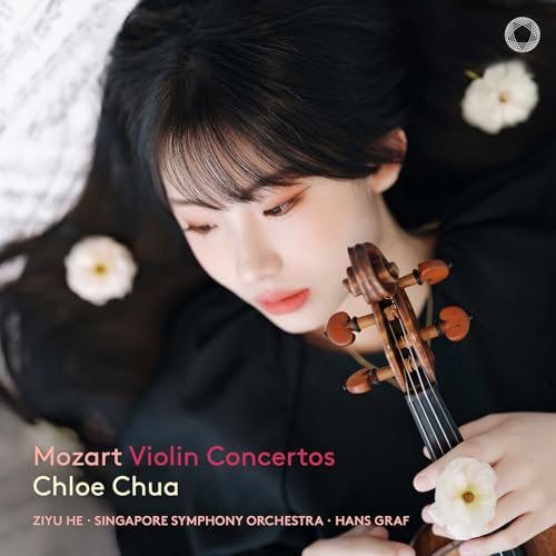 Young violinist Chloe Chua with flowers, album cover for Mozart concertos.