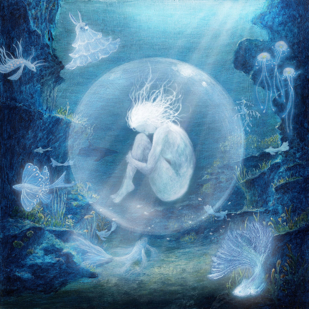 Blue album cover depicting a figure in a bubble with sea creatures.