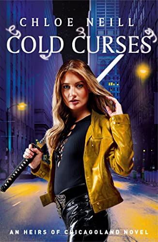 Book cover: woman with katana, city background, title “Cold Curses.”