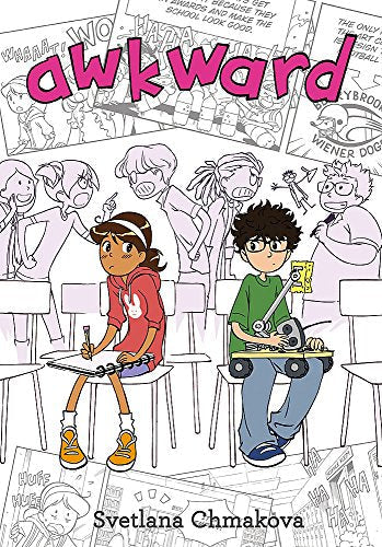 Book cover: "Awkward" with two students in a classroom sketched background.