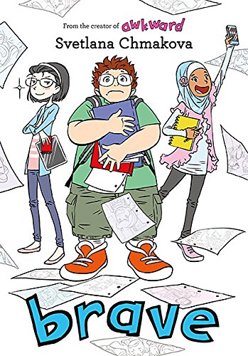 Book cover: three cartoon kids with school supplies, title "brave" below.