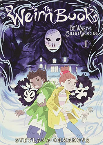 Book cover featuring children, a haunted house, and a ghostly mask.
