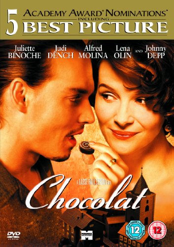 Chocolat" DVD cover featuring Juliette Binoche and Johnny Depp, with a chocolate shop.