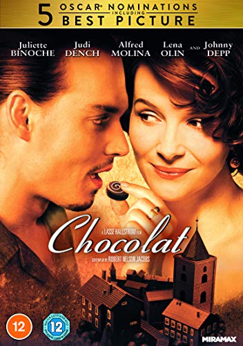 Chocolat" DVD cover featuring Juliette Binoche and Johnny Depp, with a village scene.