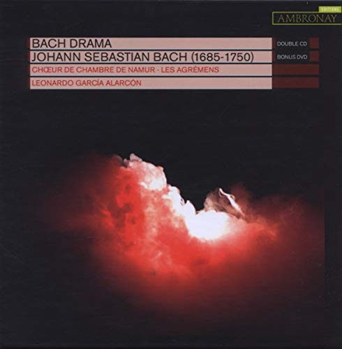 CD cover for Bach Drama by Choeur De Chambre De Namur, with fiery image.