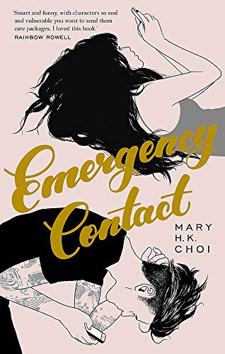 Book cover: "Emergency Contact" with illustrated couple in black and gold.