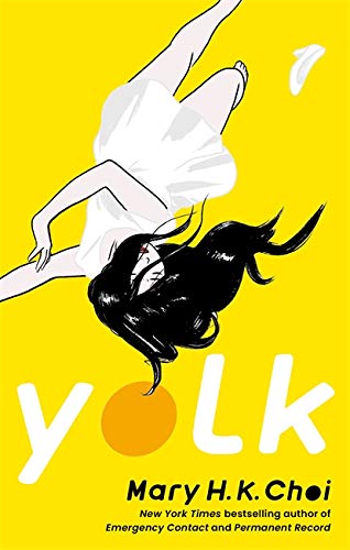 Book cover: woman in white dress falling against a yellow background.