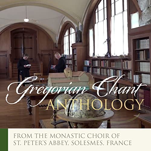 Library interior with two monks, a globe, and text "Gregorian Chant Anthology".