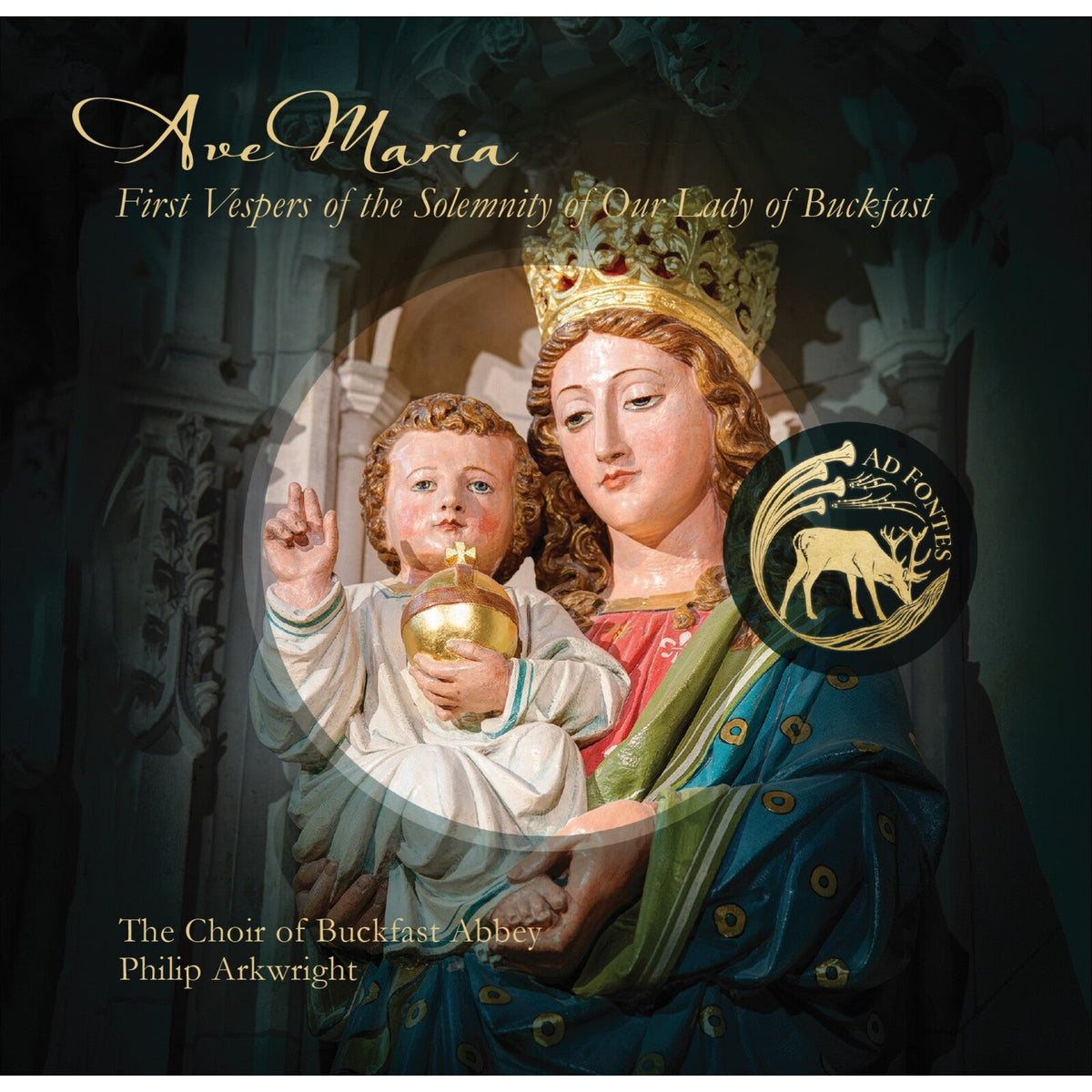 CD cover: Mary and baby Jesus statue, religious artwork, gold details.