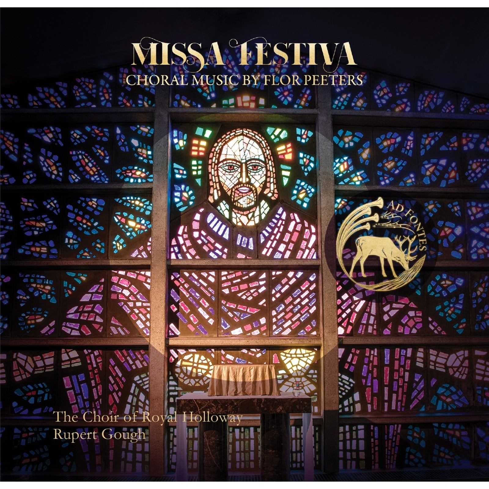 CD cover: stained glass window with a face and choral text.
