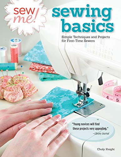 Sewing basics book cover with sewing machine, fabric, and hands guiding material.