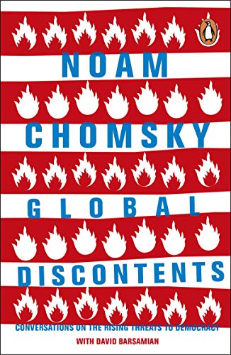 Book cover: "Global Discontents" by Noam Chomsky, with red and white flames.
