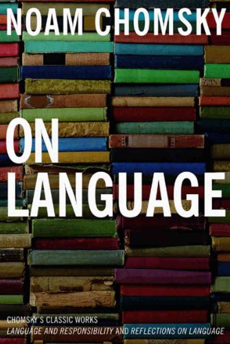 Book cover for "On Language" by Noam Chomsky, stacked books background.
