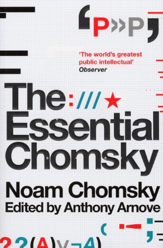 Book cover for "The Essential Chomsky" with bold text and abstract graphics.