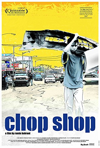 Movie poster for "Chop Shop" featuring a boy carrying a car bumper.