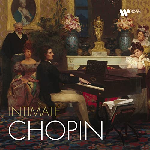 Painting of Chopin at a piano with guests, album cover for vinyl record.