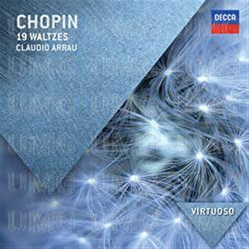 CD cover for Chopin’s Waltzes performed by Claudio Arrau, blue abstract design.
