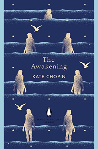"The Awakening" book cover featuring a woman on stairs with birds, dark blue background.