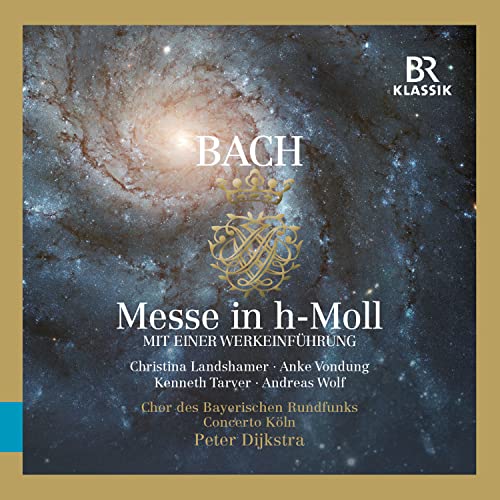 CD cover for Bach's Mass in B Minor featuring a galaxy background and gold emblem.