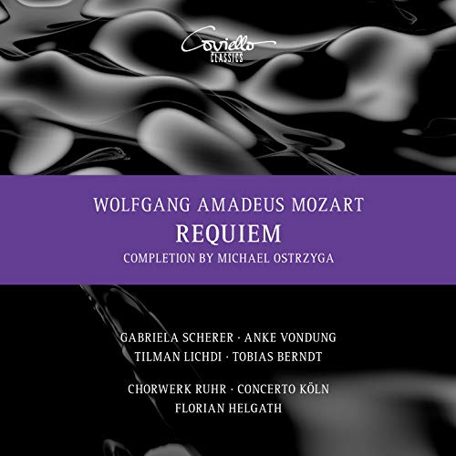 CD cover for Mozart's Requiem, featuring a purple banner and abstract black design.