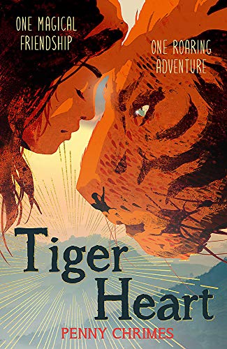 Book cover: girl facing a tiger, with mountains and sunburst background.
