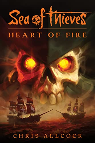 Book cover: skull with fiery eye and pirate ships at sea.