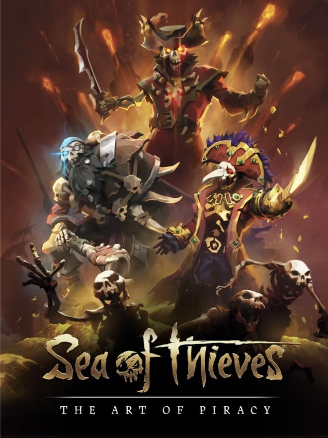 “Sea of Thieves” art book cover featuring diverse pirate characters and skulls.