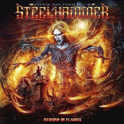 Album cover: fantasy art of a woman amidst flames and destruction.