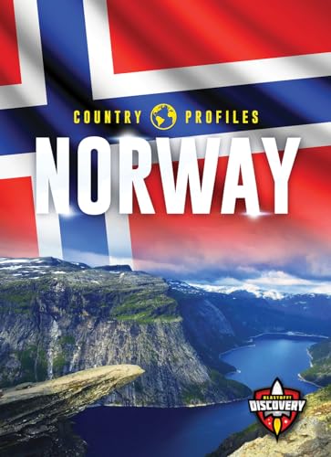 Norway flag background with scenic fjord landscape and Country Profiles Norway title.