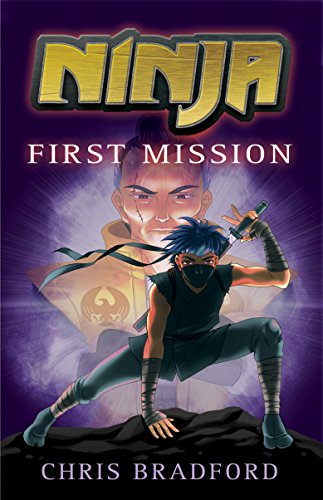Book cover: ninja in black suit holding knives, purple background.