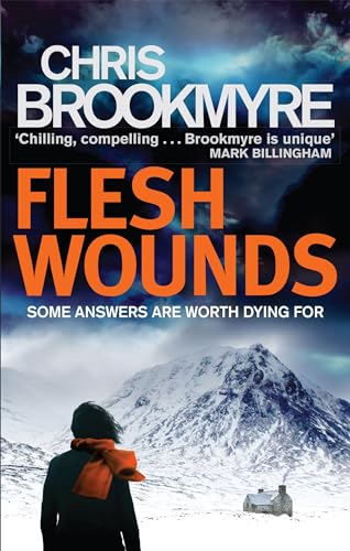 Book cover: "Flesh Wounds" by Chris Brookmyre, with snowy mountains.