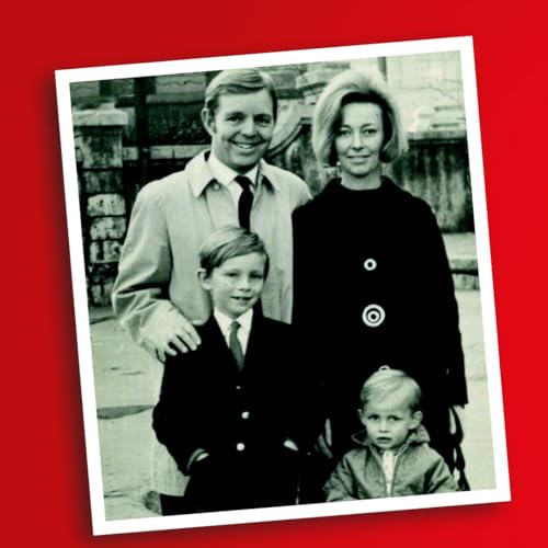 Black and white photo of a family of four on a red background.