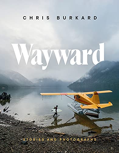 Book cover with a yellow floatplane, a person with a surfboard, and mountains.