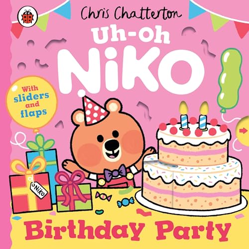 Brown bear Niko with a birthday cake, presents, and party decorations.