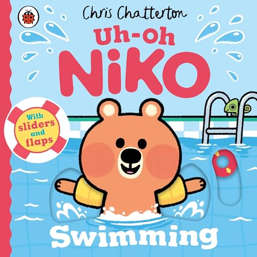 A cartoon bear with yellow armbands swims in a pool on a book cover.