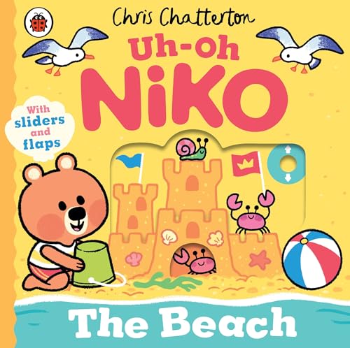 Brown bear with beach toys, sandcastle, and seagulls on a yellow cover.