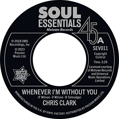 Black and white 7-inch vinyl record label featuring "Chris Clark" and song titles.